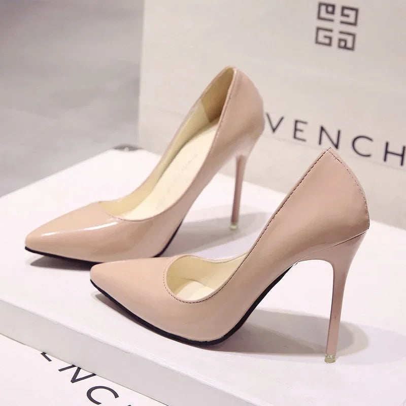 Solid Color Pumps High Heel Shoes Female Patent Leather Sexy Pointed Toe Thin Heel Wedding Shoes Size 44