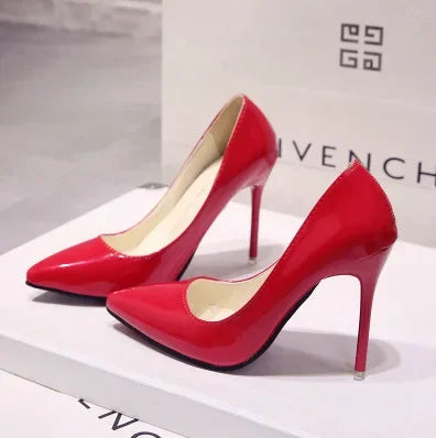Solid Color Pumps High Heel Shoes Female Patent Leather Sexy Pointed Toe Thin Heel Wedding Shoes Size 44