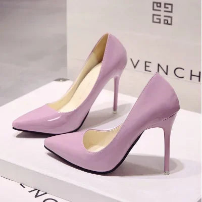 Solid Color Pumps High Heel Shoes Female Patent Leather Sexy Pointed Toe Thin Heel Wedding Shoes Size 44