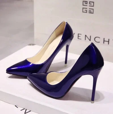 Solid Color Pumps High Heel Shoes Female Patent Leather Sexy Pointed Toe Thin Heel Wedding Shoes Size 44