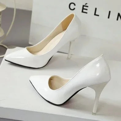 Solid Color Pumps High Heel Shoes Female Patent Leather Sexy Pointed Toe Thin Heel Wedding Shoes Size 44