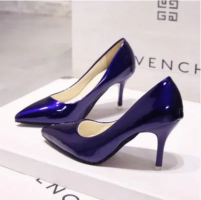 Solid Color Pumps High Heel Shoes Female Patent Leather Sexy Pointed Toe Thin Heel Wedding Shoes Size 44