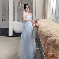Light Blue Off Shoulder Sweetheart Tulle Long Party Dress