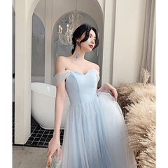 Light Blue Off Shoulder Sweetheart Tulle Long Party Dress