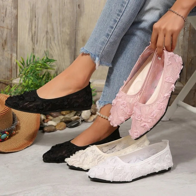 Pointed Toe Lace Fabric Flat Shoes Sneakers Mary Jane Shoes Breathable Mesh Ballet Loafers Shoes