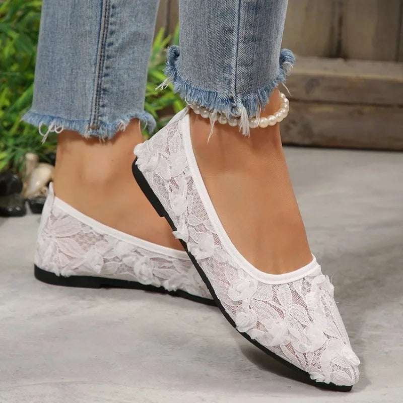 Pointed Toe Lace Fabric Flat Shoes Sneakers Mary Jane Shoes Breathable Mesh Ballet Loafers Shoes