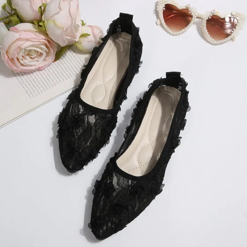 Pointed Toe Lace Fabric Flat Shoes Sneakers Mary Jane Shoes Breathable Mesh Ballet Loafers Shoes