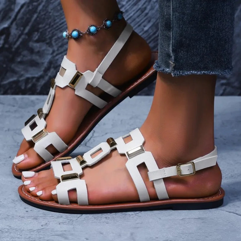 Luxury Metallic Embellished Womens Sandals Classic Solid Color Open Toe Roman Sandals Comfortable Buckle Flat Sandals