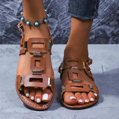 Luxury Metallic Embellished Womens Sandals Classic Solid Color Open Toe Roman Sandals Comfortable Buckle Flat Sandals
