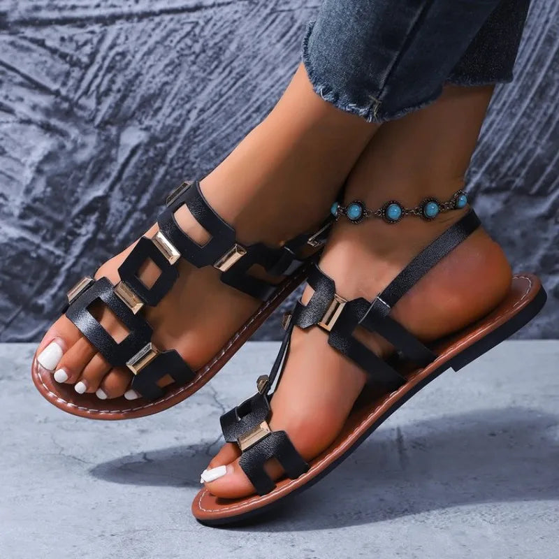 Luxury Metallic Embellished Womens Sandals Classic Solid Color Open Toe Roman Sandals Comfortable Buckle Flat Sandals