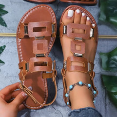 Luxury Metallic Embellished Womens Sandals Classic Solid Color Open Toe Roman Sandals Comfortable Buckle Flat Sandals
