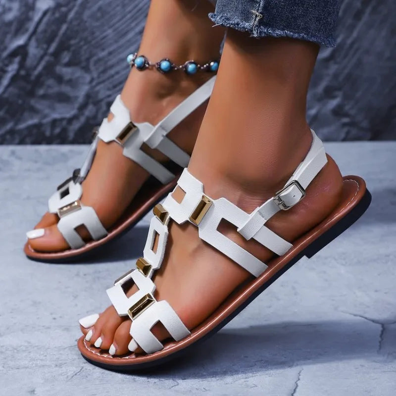 Luxury Metallic Embellished Womens Sandals Classic Solid Color Open Toe Roman Sandals Comfortable Buckle Flat Sandals