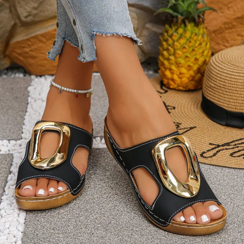 Slip on Slippers Beach Slippers Solid Color Round Head Wedges Casual Designer Shoes Slides Women