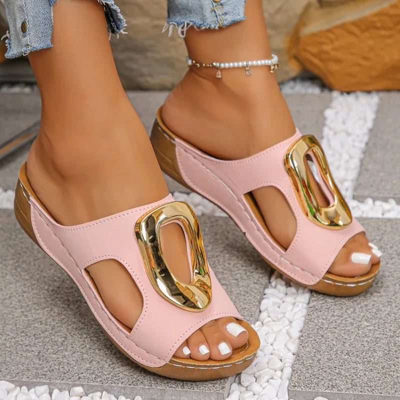 Slip on Slippers Beach Slippers Solid Color Round Head Wedges Casual Designer Shoes Slides Women