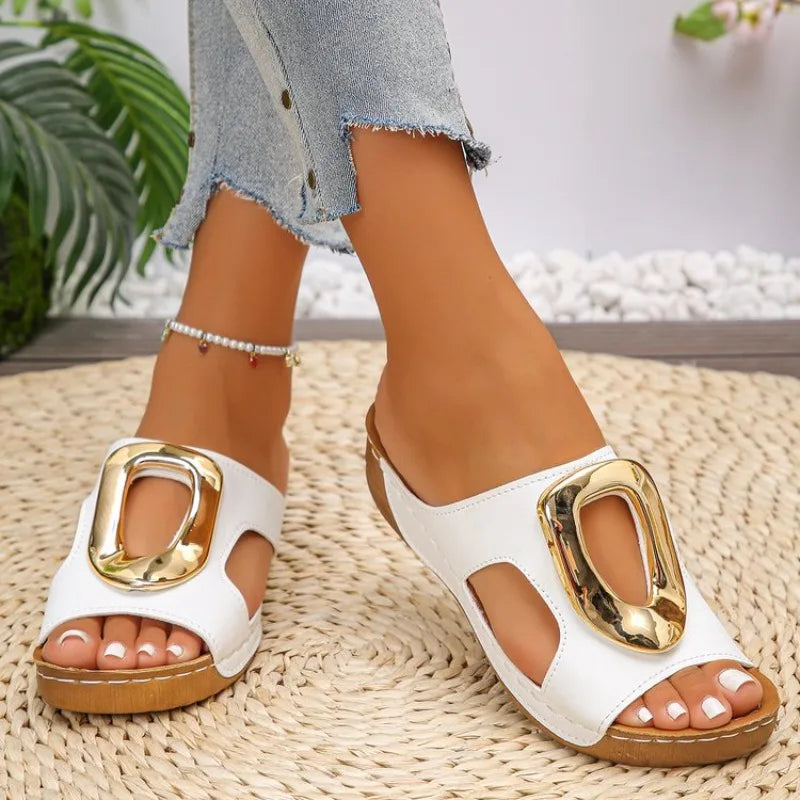 Slip on Slippers Beach Slippers Solid Color Round Head Wedges Casual Designer Shoes Slides Women