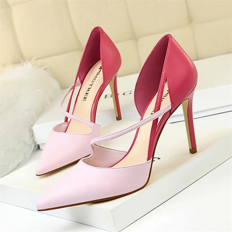 Sweet Pointed Toe High Heel Sandals Patchwork Hollow Party Ankle Strap Yellow Pink Single Shoes