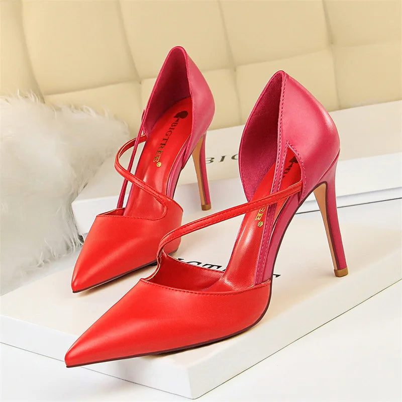 Sweet Pointed Toe High Heel Sandals Patchwork Hollow Party Ankle Strap Yellow Pink Single Shoes