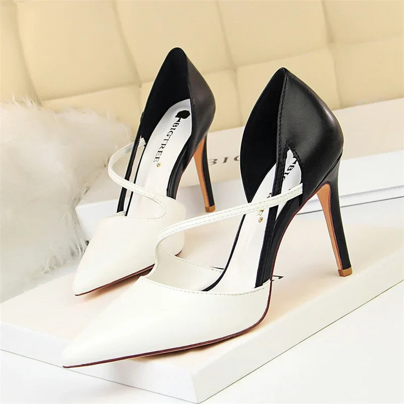 Sweet Pointed Toe High Heel Sandals Patchwork Hollow Party Ankle Strap Yellow Pink Single Shoes