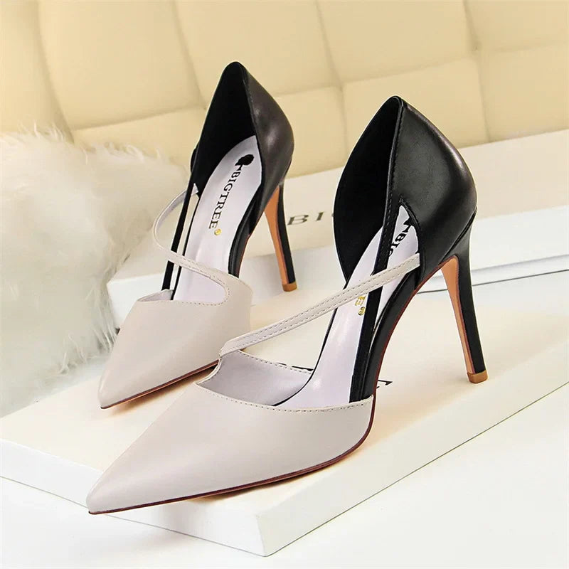 Sweet Pointed Toe High Heel Sandals Patchwork Hollow Party Ankle Strap Yellow Pink Single Shoes