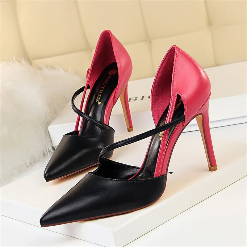 Sweet Pointed Toe High Heel Sandals Patchwork Hollow Party Ankle Strap Yellow Pink Single Shoes