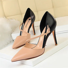 Sweet Pointed Toe High Heel Sandals Patchwork Hollow Party Ankle Strap Yellow Pink Single Shoes