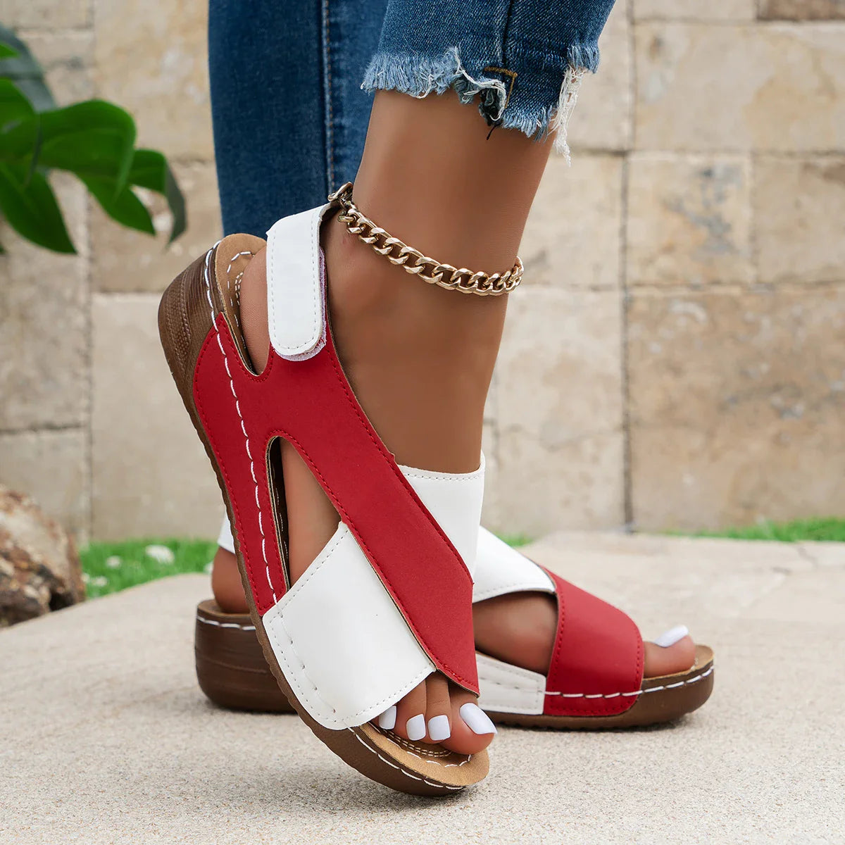 Mix Color Wedge Sandals Comfortable Non Slip Beach Shoes Woman PU Leather Platform Roman Mujer