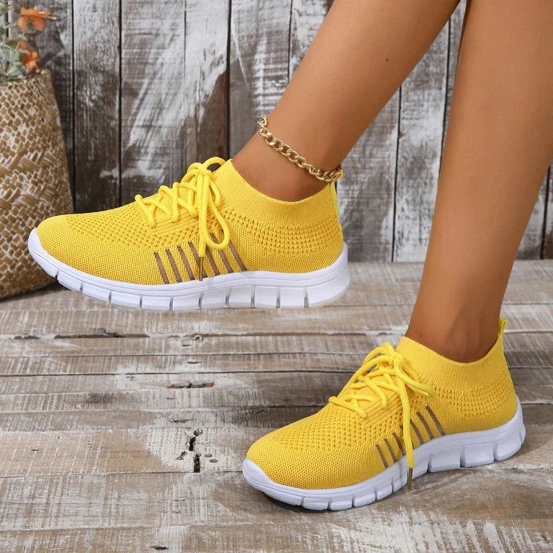 Casual Flats Sport Shoes Woman Slip On Lace-Up Shoes All Color Chunky Sole Fly Knitting Mesh Shoes