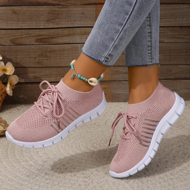 Casual Flats Sport Shoes Woman Slip On Lace-Up Shoes All Color Chunky Sole Fly Knitting Mesh Shoes