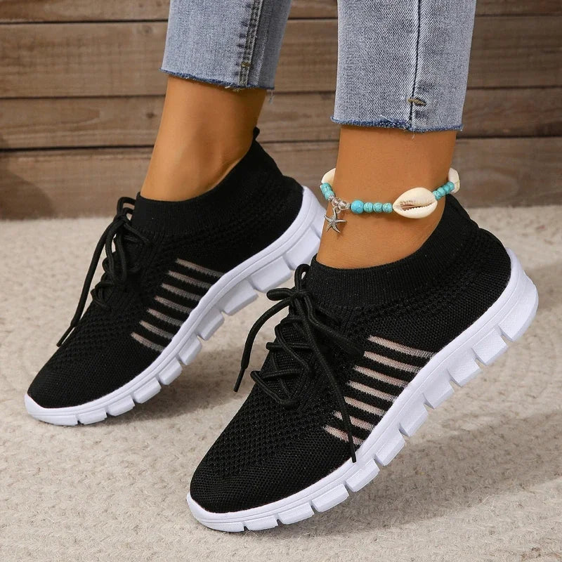 Casual Flats Sport Shoes Woman Slip On Lace-Up Shoes All Color Chunky Sole Fly Knitting Mesh Shoes