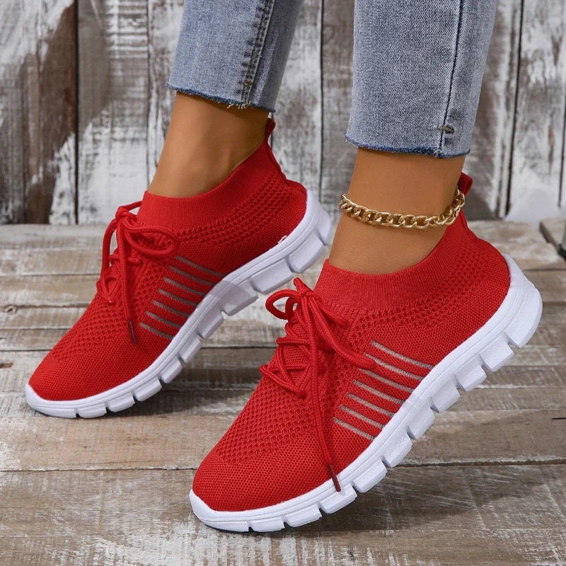 Casual Flats Sport Shoes Woman Slip On Lace-Up Shoes All Color Chunky Sole Fly Knitting Mesh Shoes