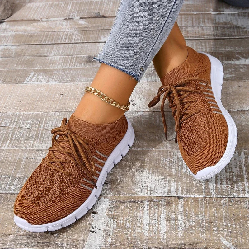 Casual Flats Sport Shoes Woman Slip On Lace-Up Shoes All Color Chunky Sole Fly Knitting Mesh Shoes