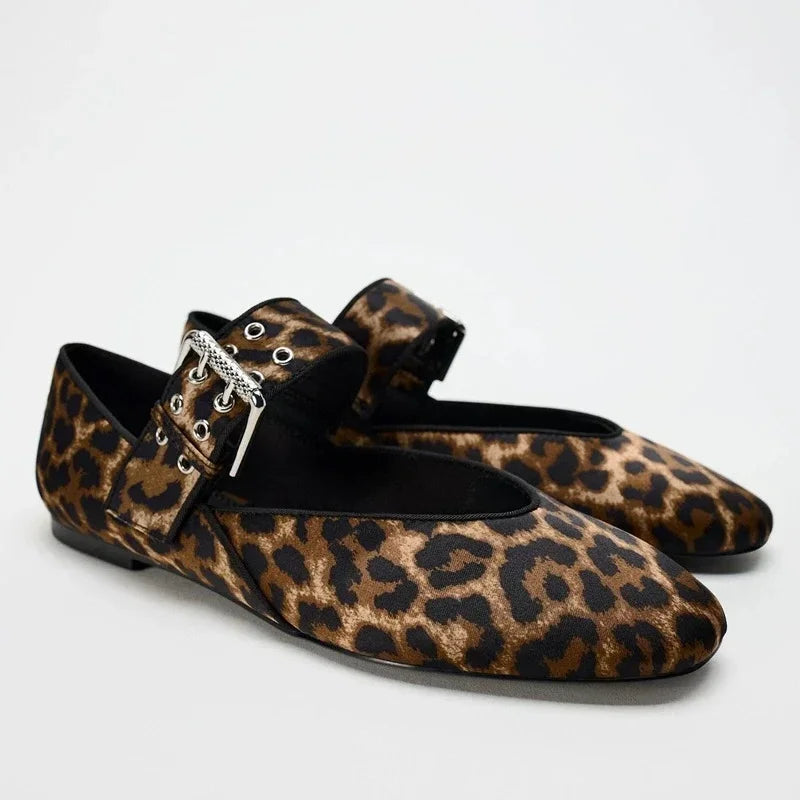 Mouth Print Dress Ballerinas Flats Shoes Autumn Woman Leopard Retro Loafers Floral Leopard Mary Jane Shoes Female