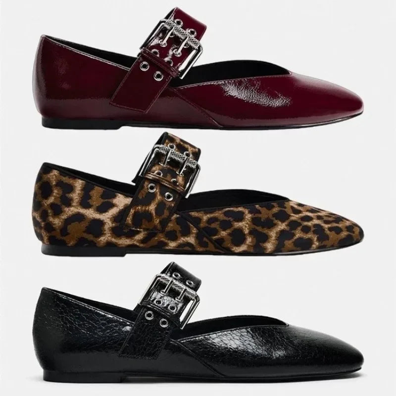Mouth Print Dress Ballerinas Flats Shoes Autumn Woman Leopard Retro Loafers Floral Leopard Mary Jane Shoes Female