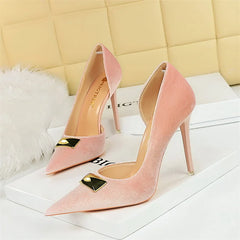 Shallow Mouth Pointed Toe Wedding Shoes BrDesigner Metal Decoration High Heels Stiletto Pink Black Prom Shoes