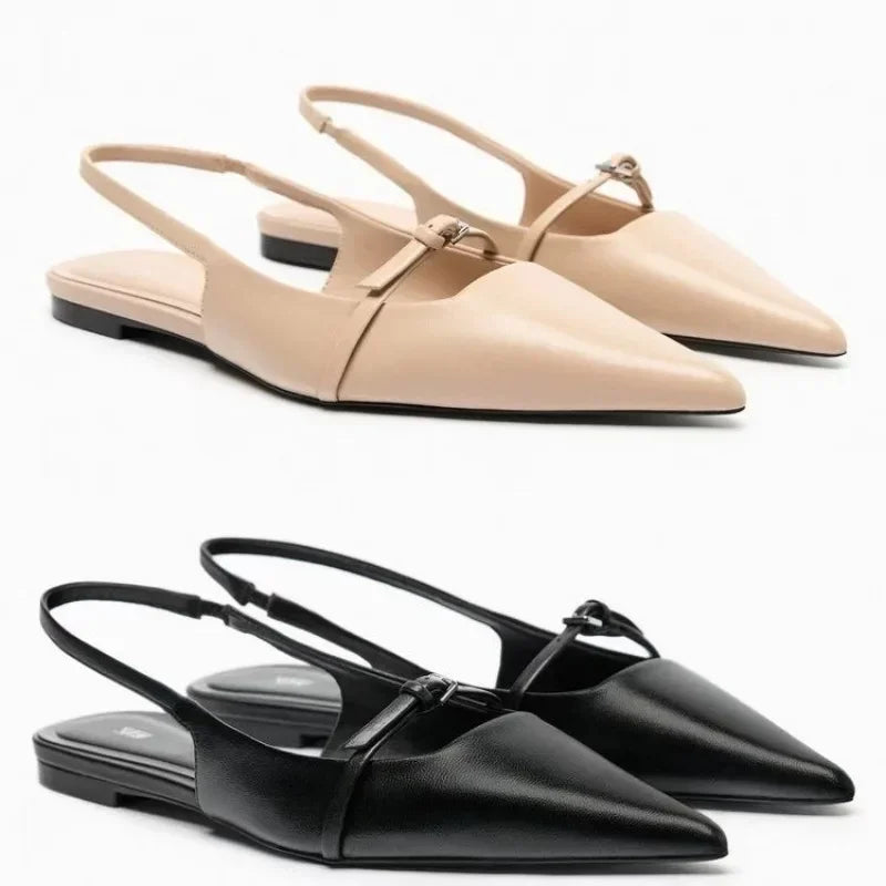 Slingback Flats Pointed Toe Black Sandals Office Lady Mules Comfort Plus Size Flat Shoes