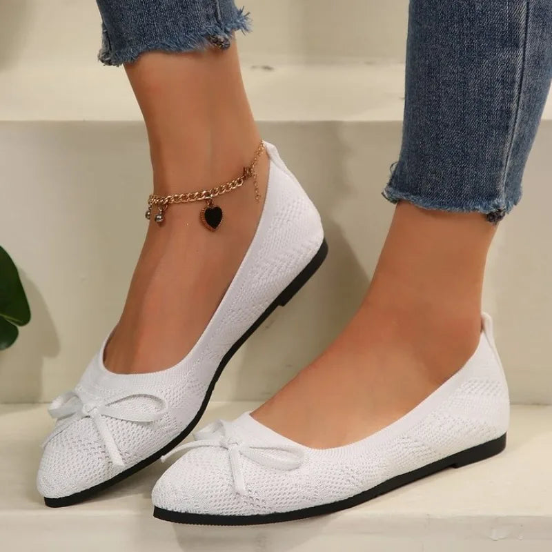 Knitted Slip on Flats Breathable Comfortable Bowtie Walking Shoes Casual Pointed Toe Walking Sneakers Loafers