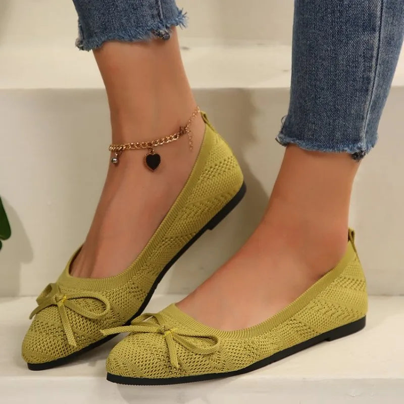 Knitted Slip on Flats Breathable Comfortable Bowtie Walking Shoes Casual Pointed Toe Walking Sneakers Loafers