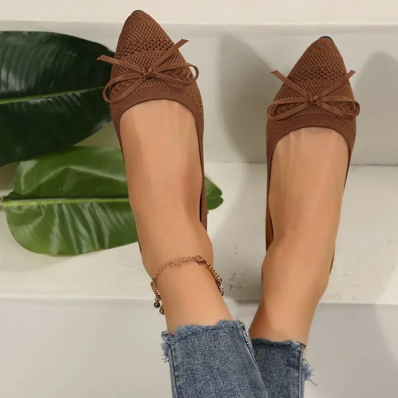 Knitted Slip on Flats Breathable Comfortable Bowtie Walking Shoes Casual Pointed Toe Walking Sneakers Loafers