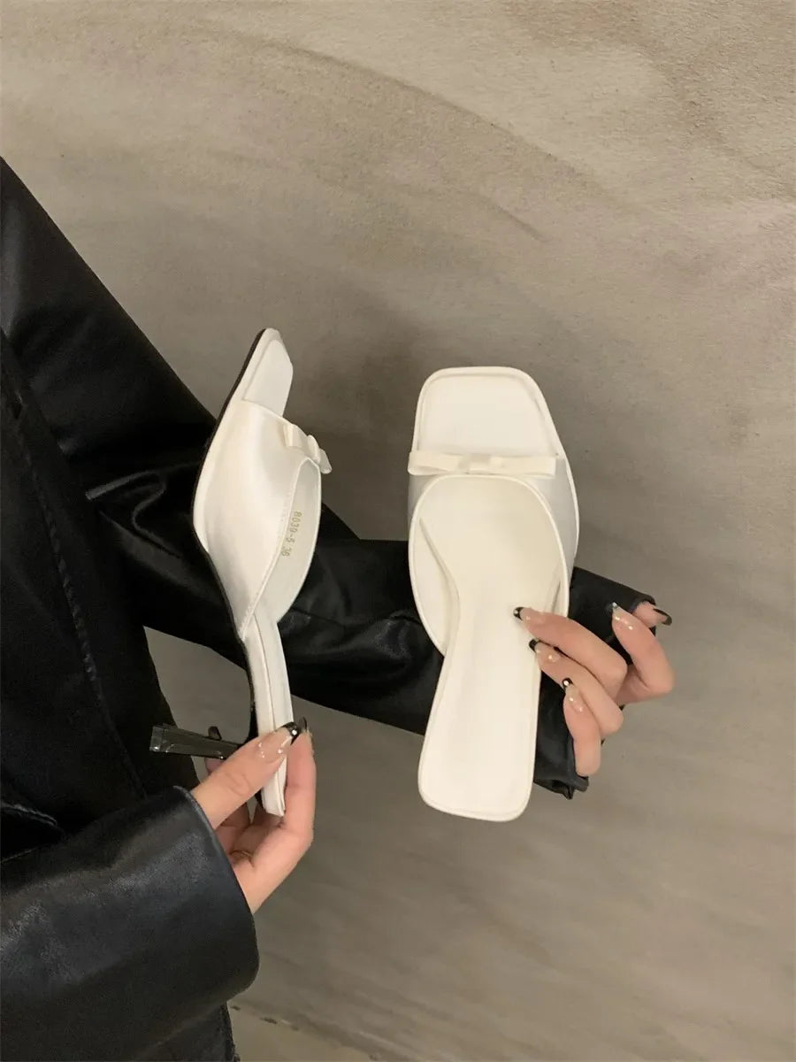 Slipper Mules Low High Heels Shoes Best Street Look Square Head Open Toe Bow Strappy Sandals