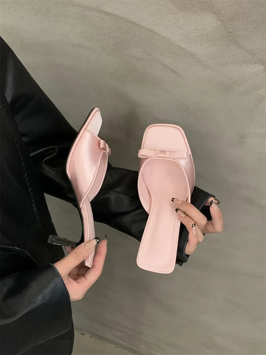 Slipper Mules Low High Heels Shoes Best Street Look Square Head Open Toe Bow Strappy Sandals