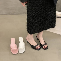 Slipper Mules Low High Heels Shoes Best Street Look Square Head Open Toe Bow Strappy Sandals