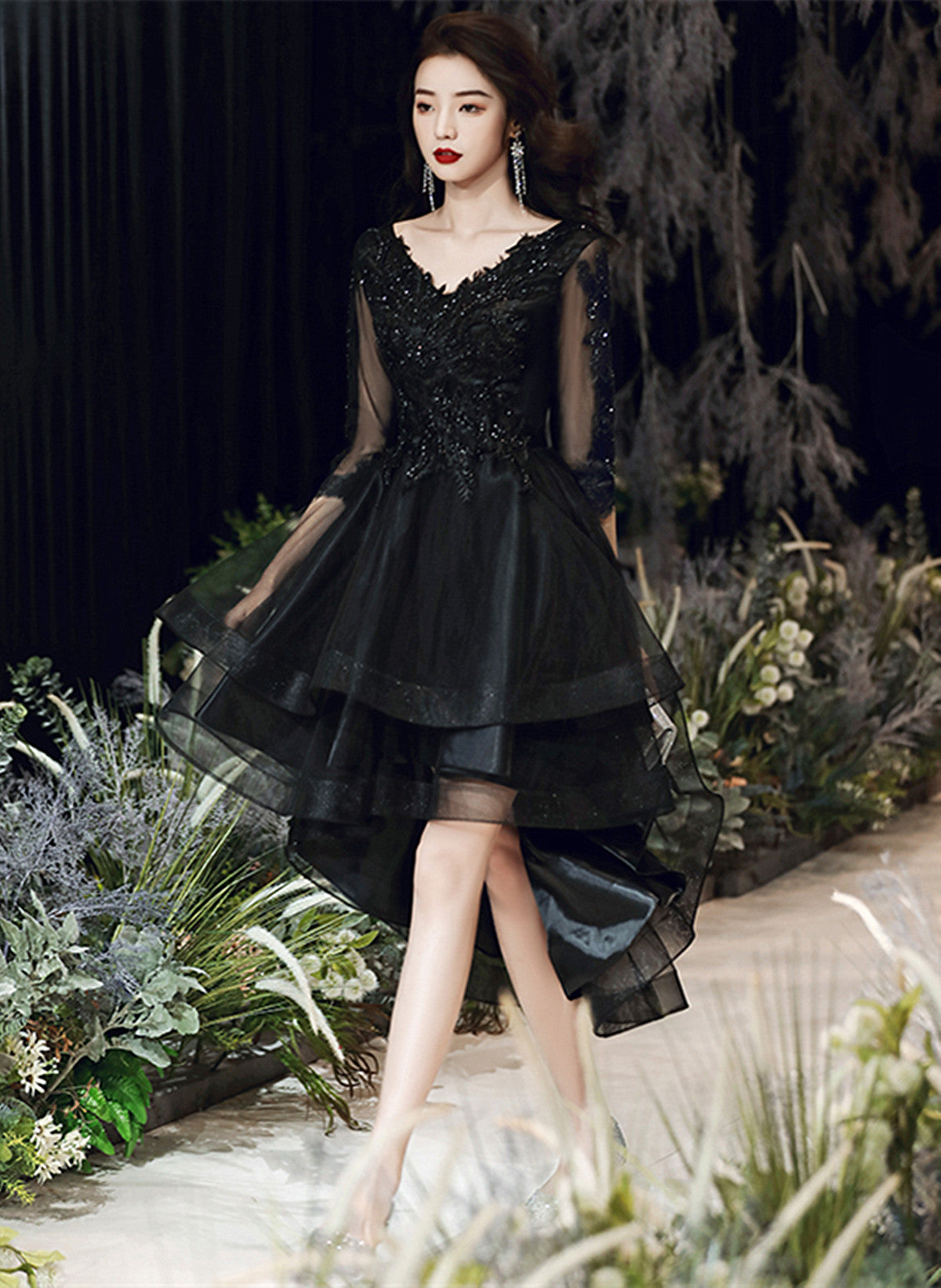 Black Tulle with Lace High Low Party Dress