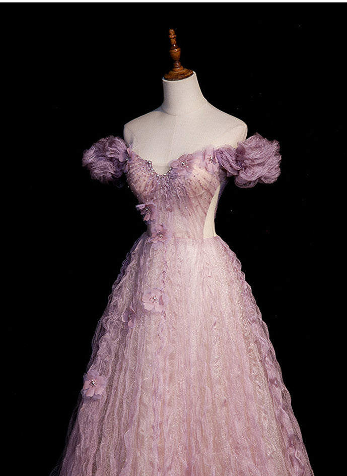 Vestido de fiesta largo de tul rosa con hombros descubiertos y flores 