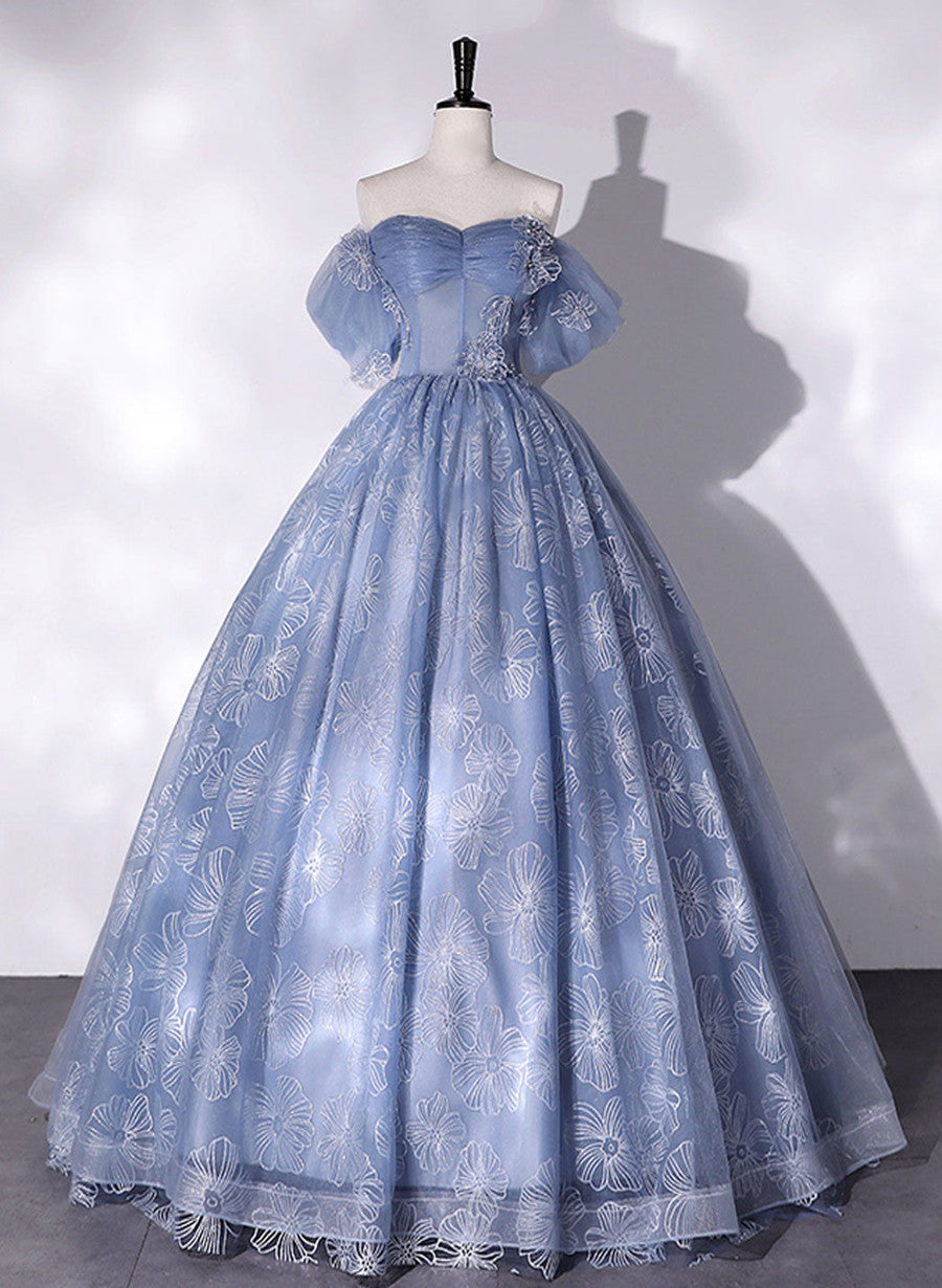 Blue Off Shoulder Ball Gown Floral Tulle Party Dress