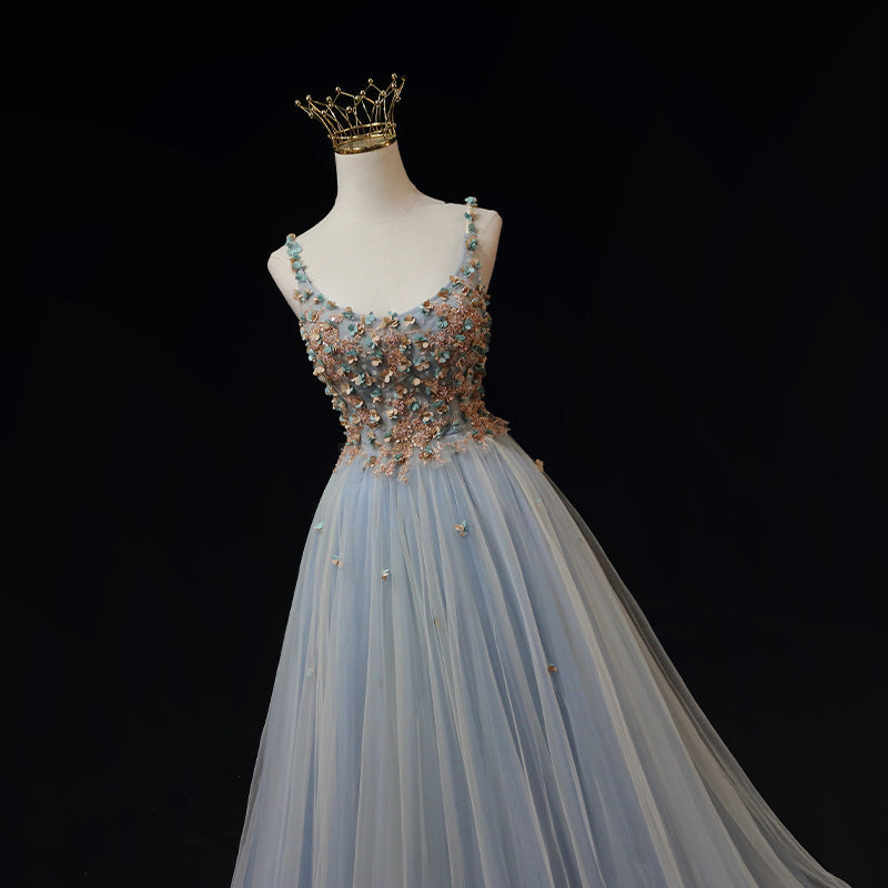 Blue Tulle with Flowers Straps Long Evening Dress