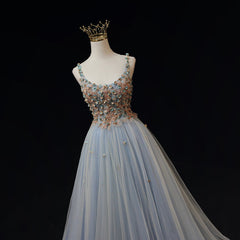 Blue Tulle with Flowers Straps Long Evening Dress