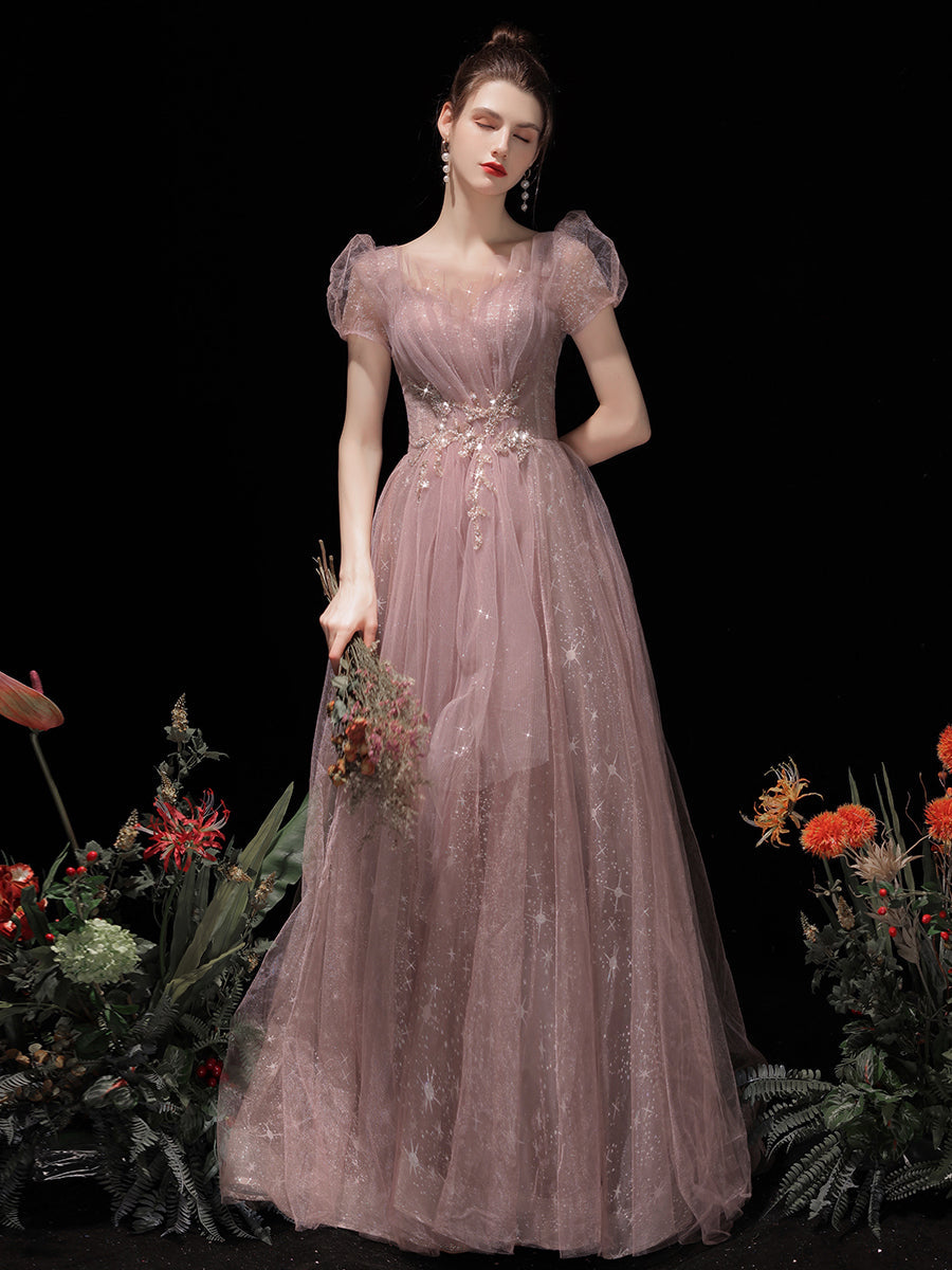 Vestido formal de tul rosa con mangas cortas y corte A hasta el suelo 