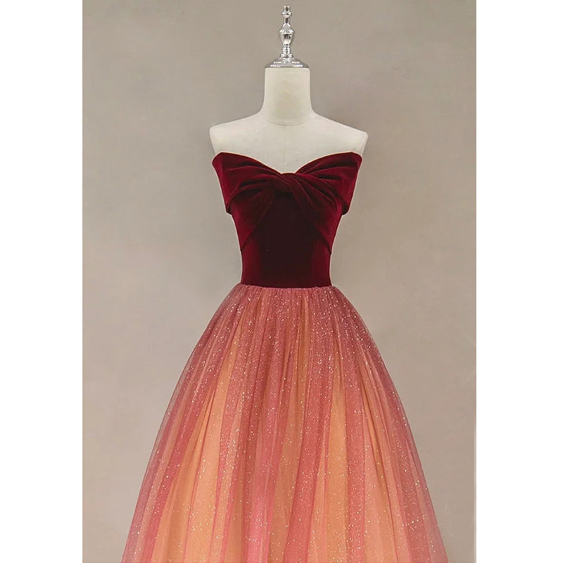 Gradient Red Tulle with Velvet Long Party Dress