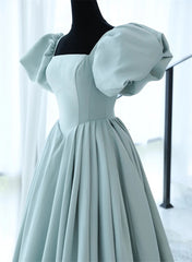 Light Blue Satin Open Back Lopng Prom Dress