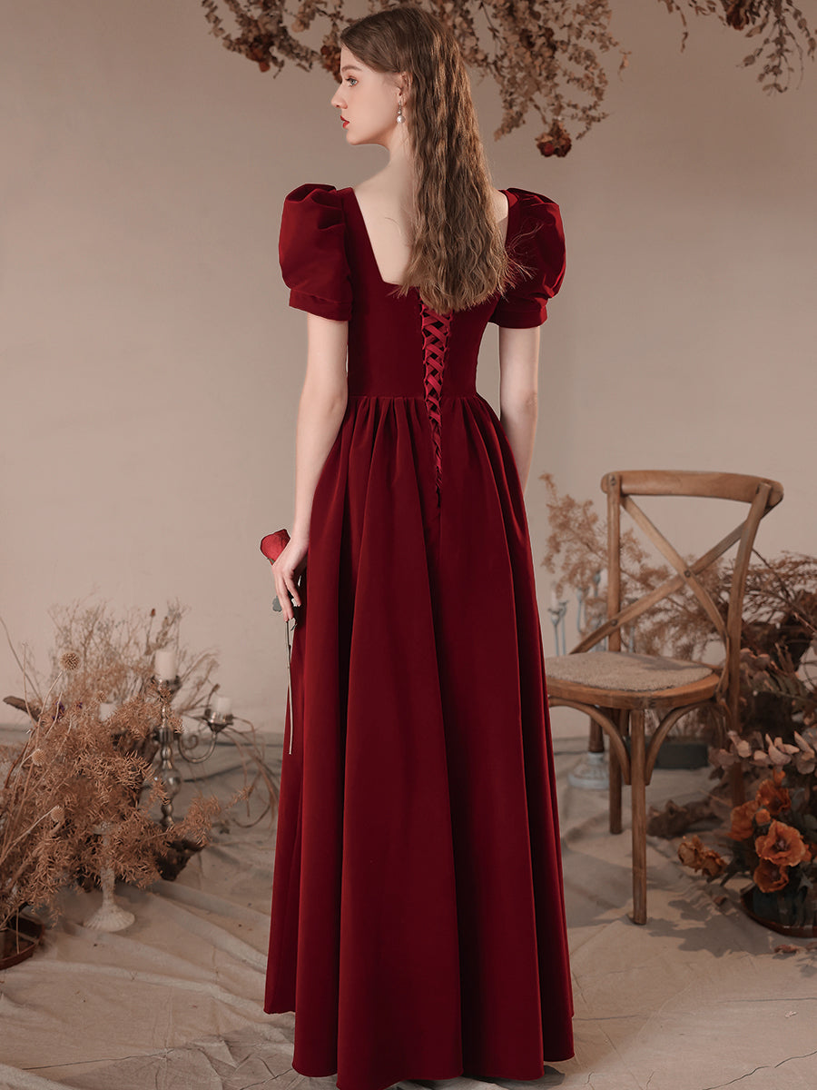 Vestido de fiesta de terciopelo rojo vino con mangas cortas y corte A 